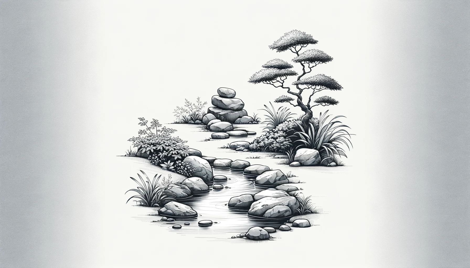 A tranquil and minimalistic illustration of a Japanese garden, focusing
solely on the elements of the garden without any background. The image
features a gently flowing stream, a few carefully arranged stones, and
delicate, well-pruned plants. The style is peaceful and elegant, emphasizing
the garden’s elements to convey a sense of calmness, mindfulness, and the art
of finding serenity through simplicity. The illustration is trimmed, with no
background, highlighting the peaceful beauty of the Japanese
garden.