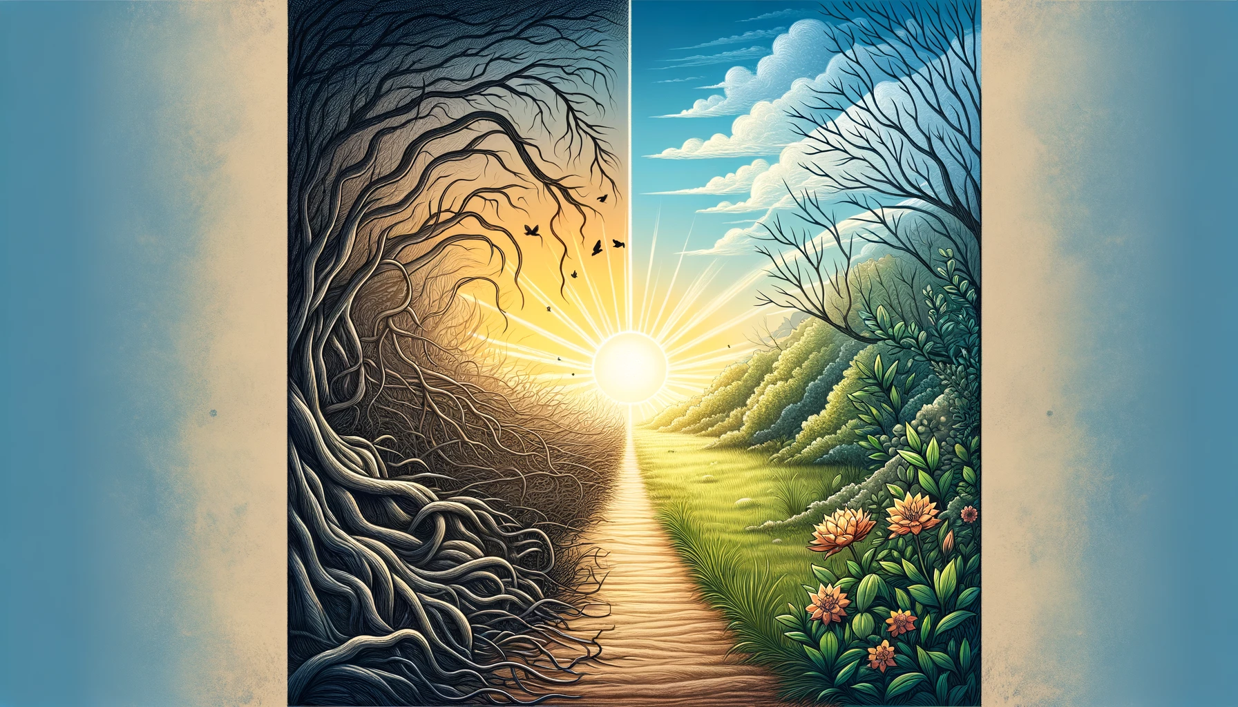 Create a horizontal illustration that symbolizes the journey of overcoming
cognitive distortions, featuring a serene landscape transitioning from a
tangled, thorny underbrush on the left to a clear, open path leading towards a
bright, rising sun on the right. The left side should depict confusion and
struggle, with dark, dense foliage, while the right side represents clarity
and enlightenment, with the path becoming smoother and the environment more
open and illuminated by the sunlight. Include symbolic elements like flowers
blooming along the cleared path to signify growth and renewal, all without any
text.